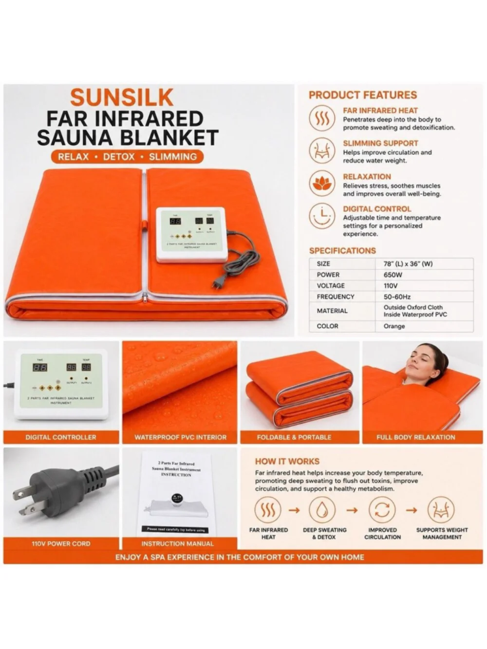 SunSilk Far Infrared Sauna Blanket 78x36 Orange 650W New Open Box